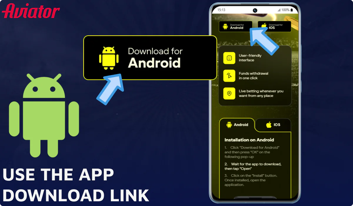 Use the app download link to download the Avaitor app